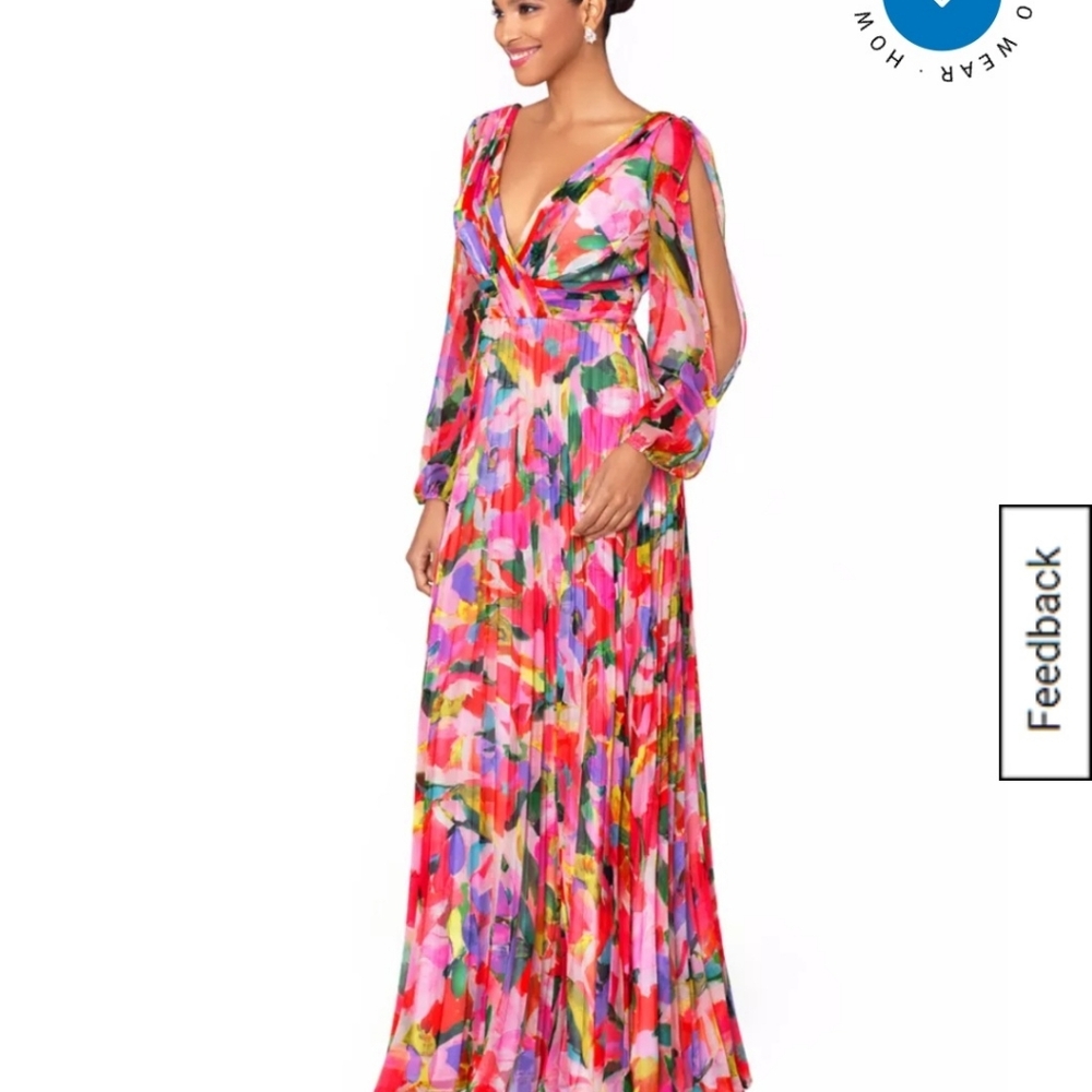 Betsy & Adam Women's V-Neck Long Sleeve Chiffon Pleated Fit and Flare Gown